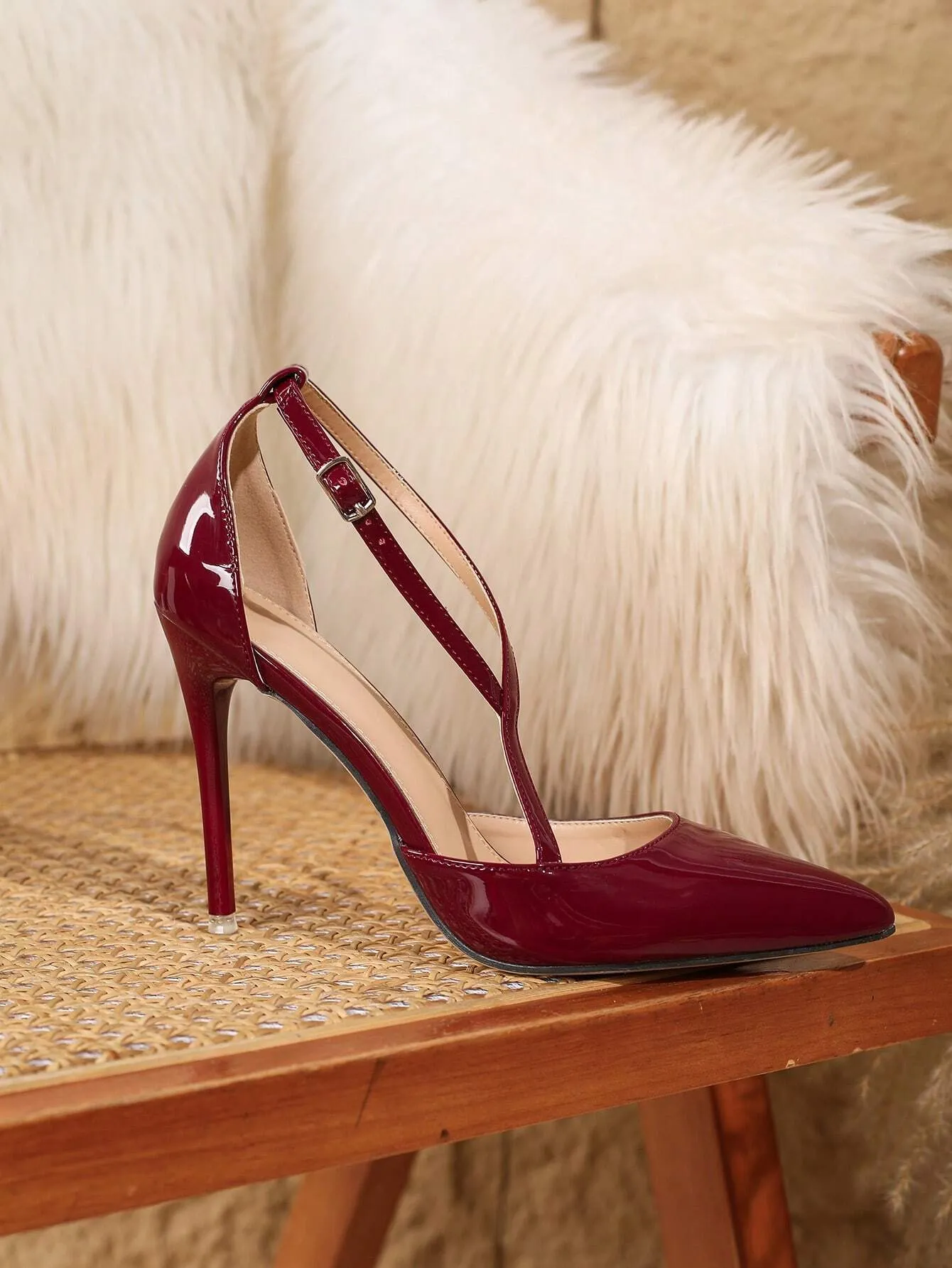 10.5cm Sexy Pointed Toe High Heels, Wine Red Glossy Ankle Strap Casual Dress Pumps For Women
