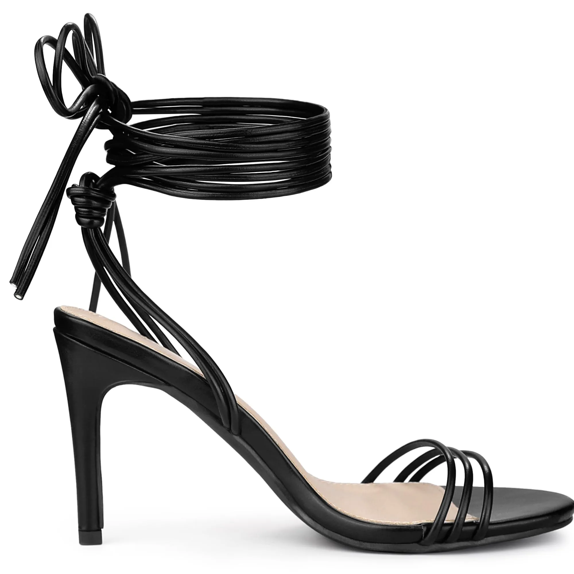 Allegra K Women's Strappy Lace Up Slingback Open Toe Stiletto Heel Black Sandals 7 M US
