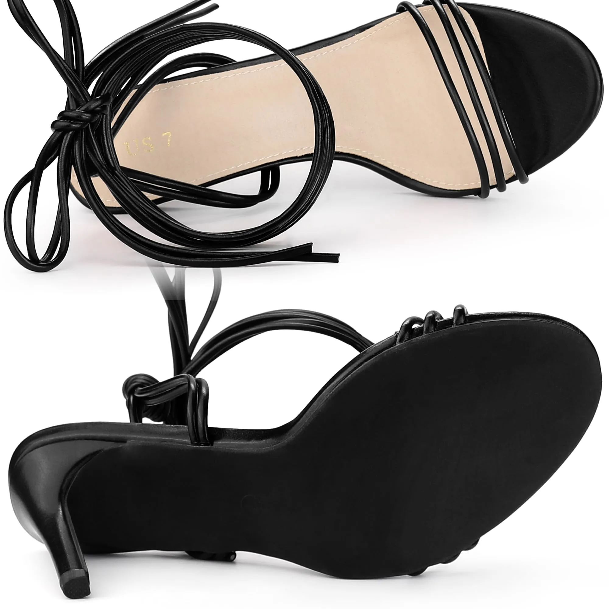 Allegra K Women's Strappy Lace Up Slingback Open Toe Stiletto Heel Black Sandals 7 M US