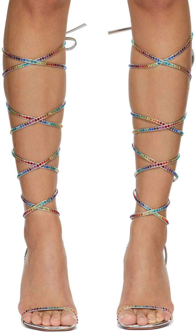 Amina Muaddi Silver AWGE Edition Rainbow LSD Gladi Heeled Sandals
