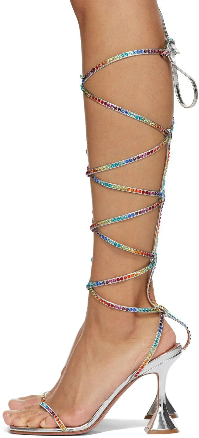 Amina Muaddi Silver AWGE Edition Rainbow LSD Gladi Heeled Sandals