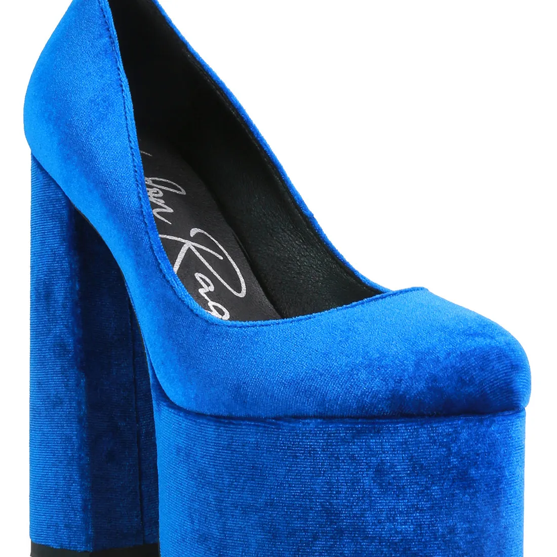 Blue Platform Heel Velvet Pumps