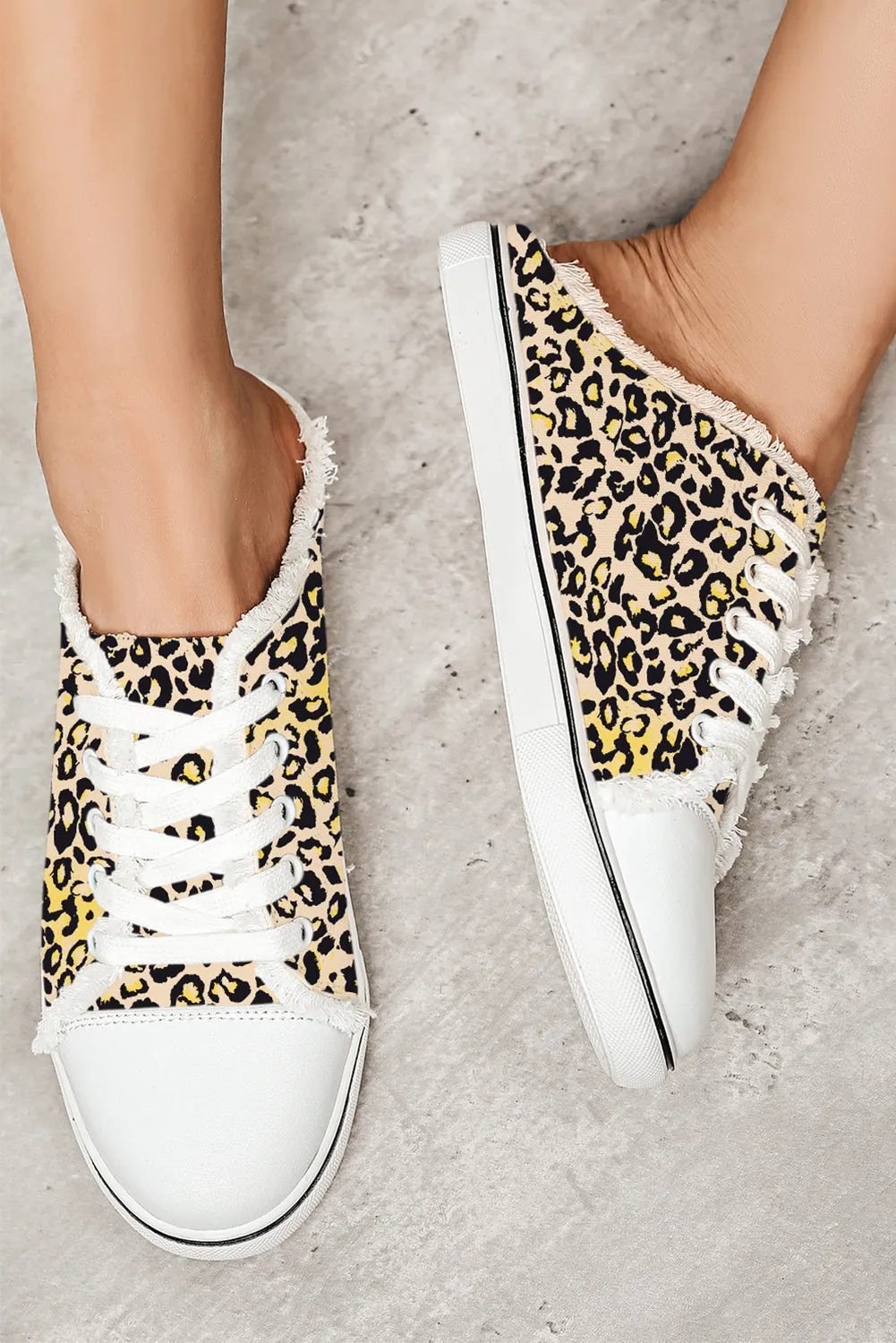 Chestnut Leopard Print Lace Up Decor Canvas Slip On Shoes