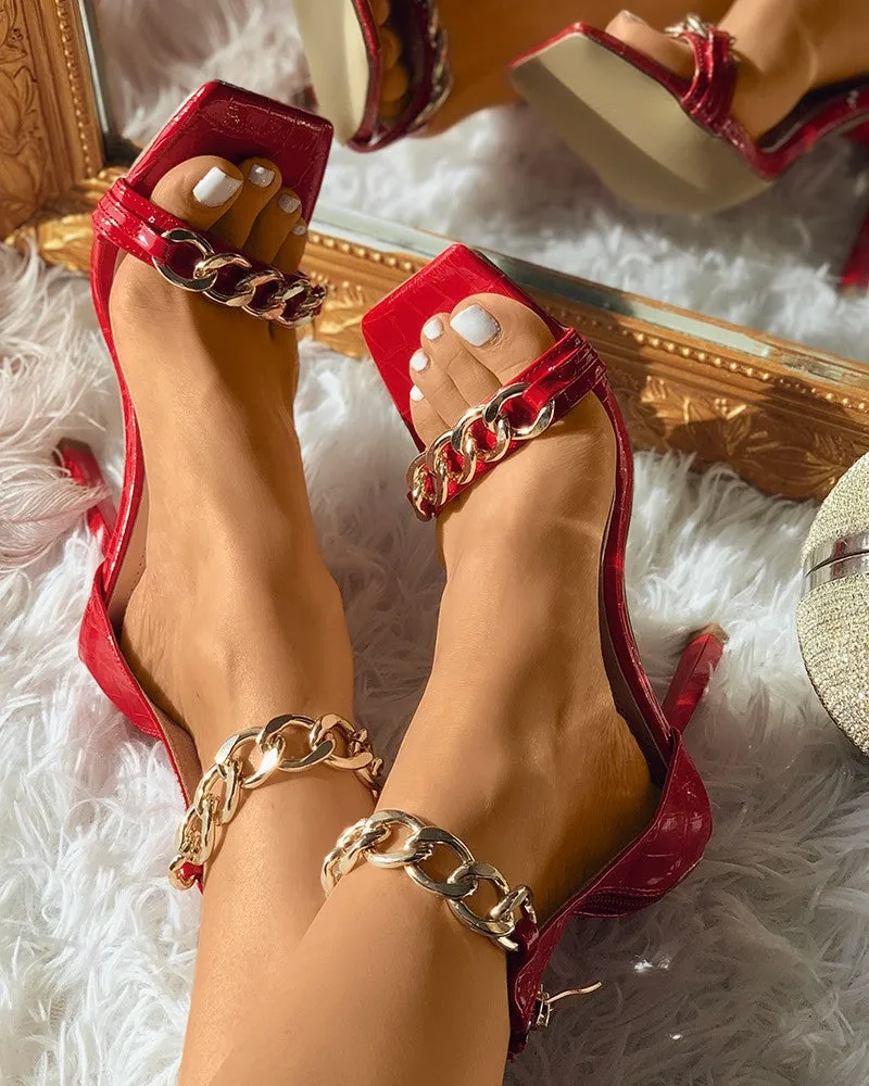 Croc Chain Strap Square Toe Stiletto Heels