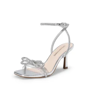 DREAM PAIRS Women's Double Bowknots Heels Open Square Toe Ankle Strap Crystal Rhinestone Dress Sandals for Party Wedding,Size 8,Silver-Pu,DWUMHS2530