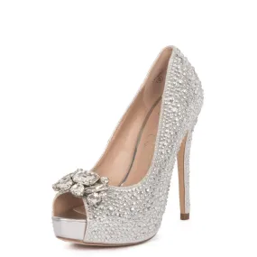 Lauren Lorraine Candy 2 Silver Broach Shimmer Rhinestones Peep Toe Platform Pump