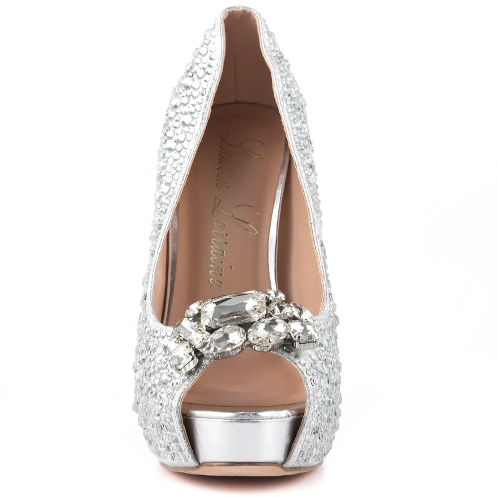 Lauren Lorraine Candy 2 Silver Broach Shimmer Rhinestones Peep Toe Platform Pump