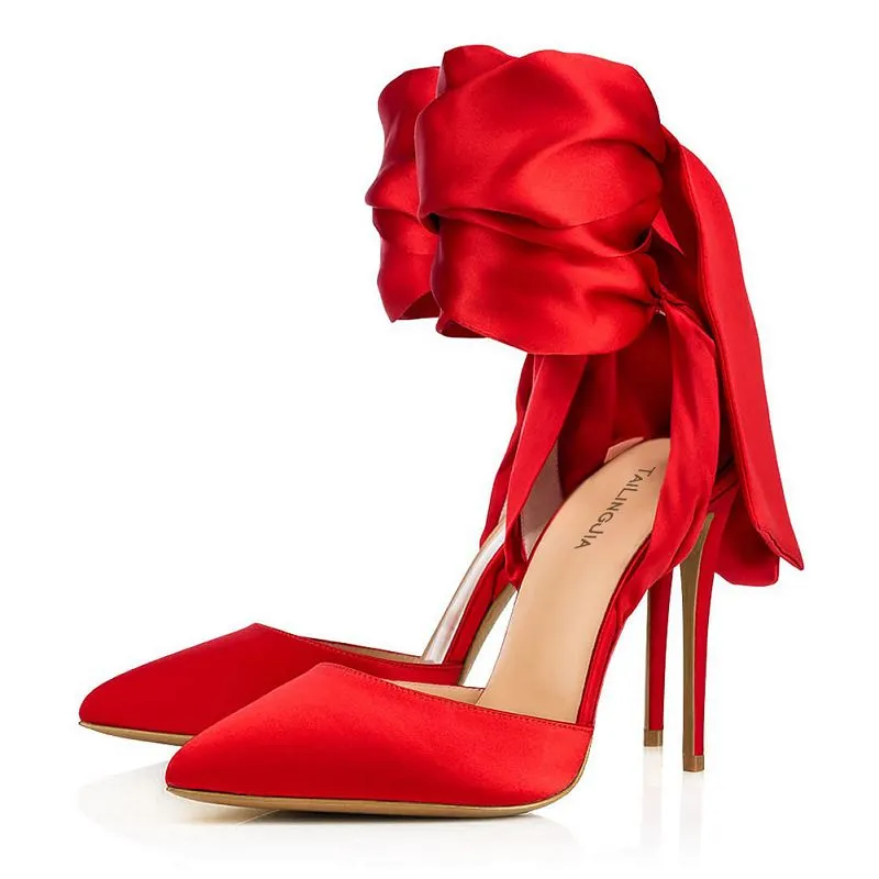 Women Red Heels Point Toe Bandage Stiletto Prom Wedding Shoes